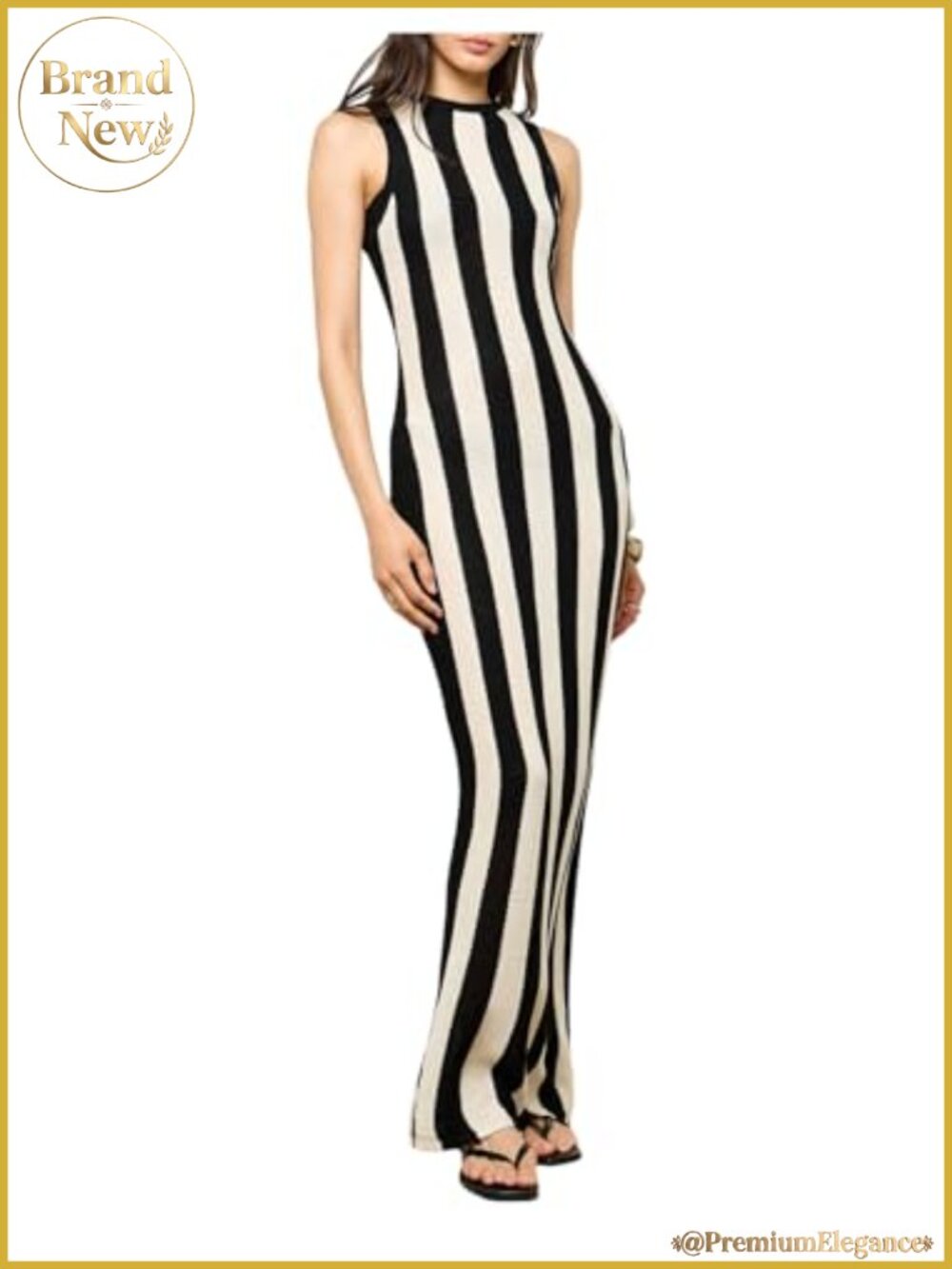 Striped Rib Knit Sleeveless Bodycon Maxi Tank Dress